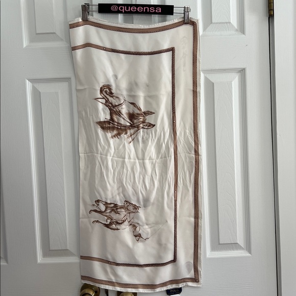 Polo Ralph Lauren Equestrian Silk Scarf Polo Horse Print Cream Brown - Picture 14 of 17